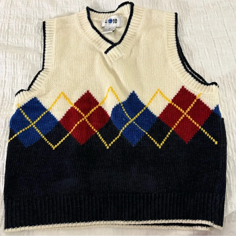 Kids Argyle V-Neck Sweater Vest - Cream, Navy & Multicolor